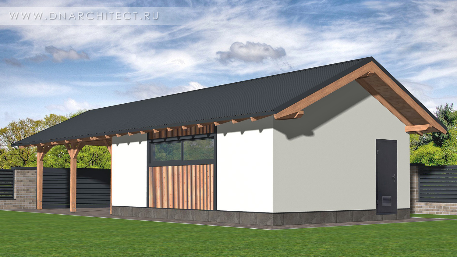 гараж с навесом из газобетона